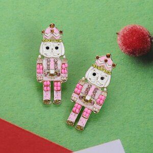 Rhinestone Enamel Painted Metal Soldier Nutcracker Pink Christmas Earrings